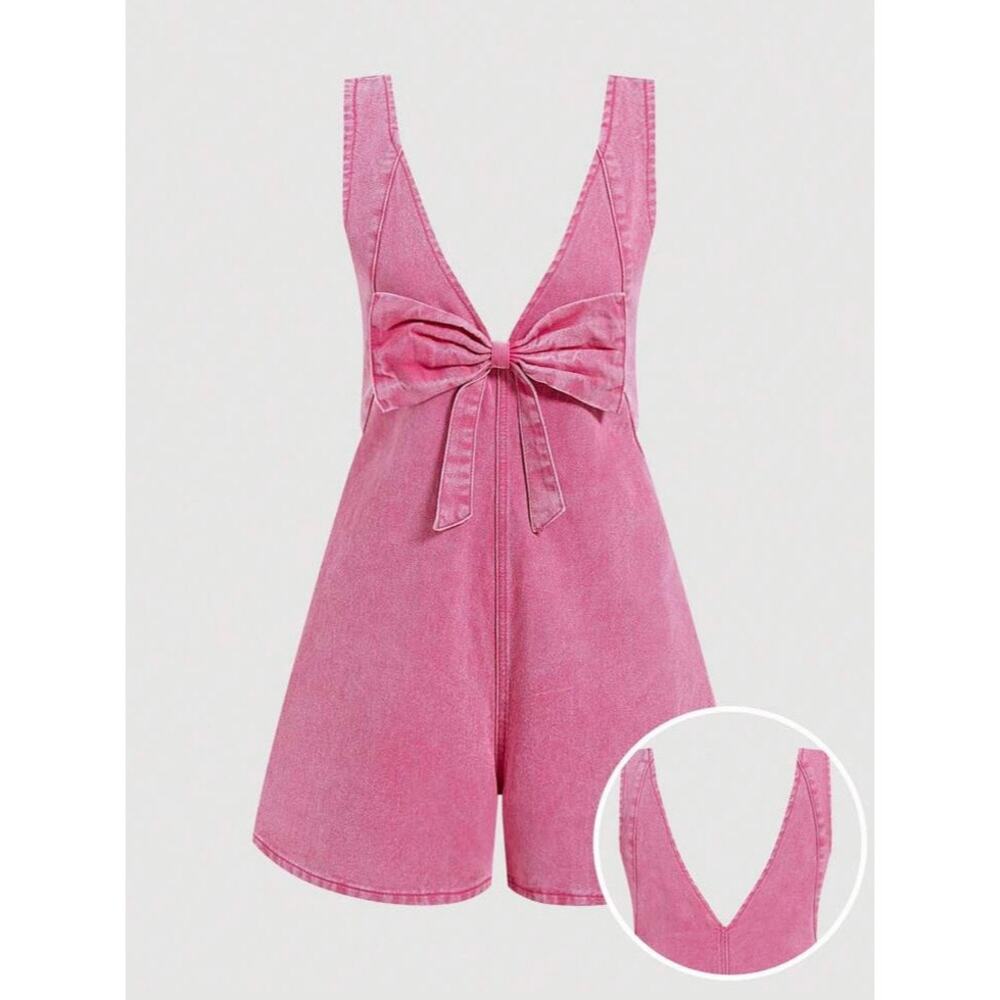NWT SHEIN MOD Pink Bow Front Denim Romper Overalls XL